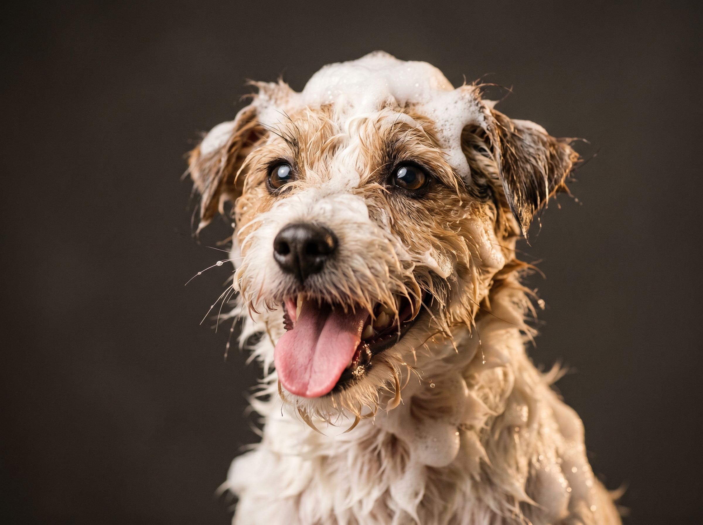 A calm, warm bath at Happy Paws, water and suds in gold light