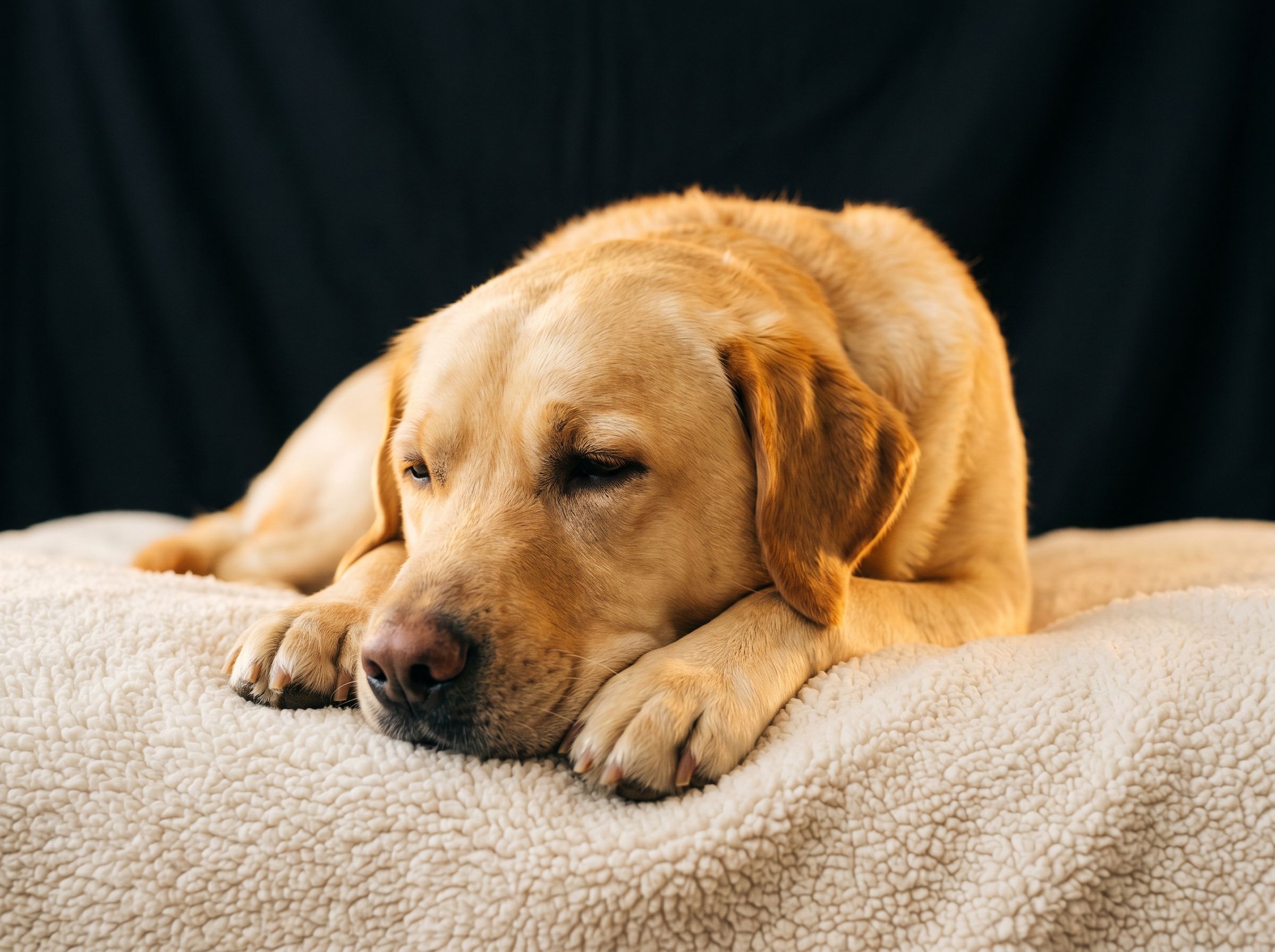 A boarded dog dozing on a soft cream blanket